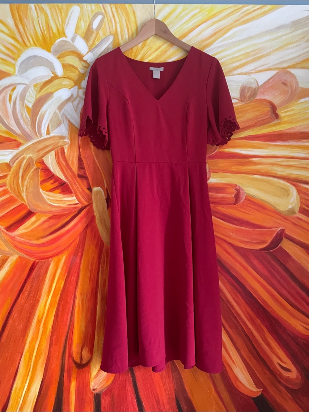 H&M Deep Red V‑Neck Midi Dress with Scalloped Flutter Sleeves